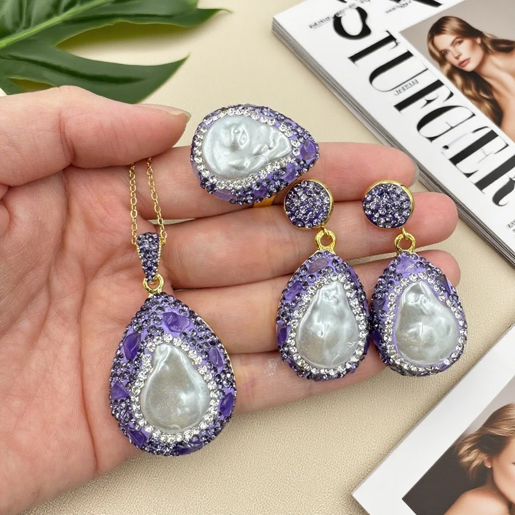 Water Drop Baroque Pearl Purple Crystal Set Handmade Three Piece Set of Rhinestone French Antique Jewelry for Women Wedding Gift