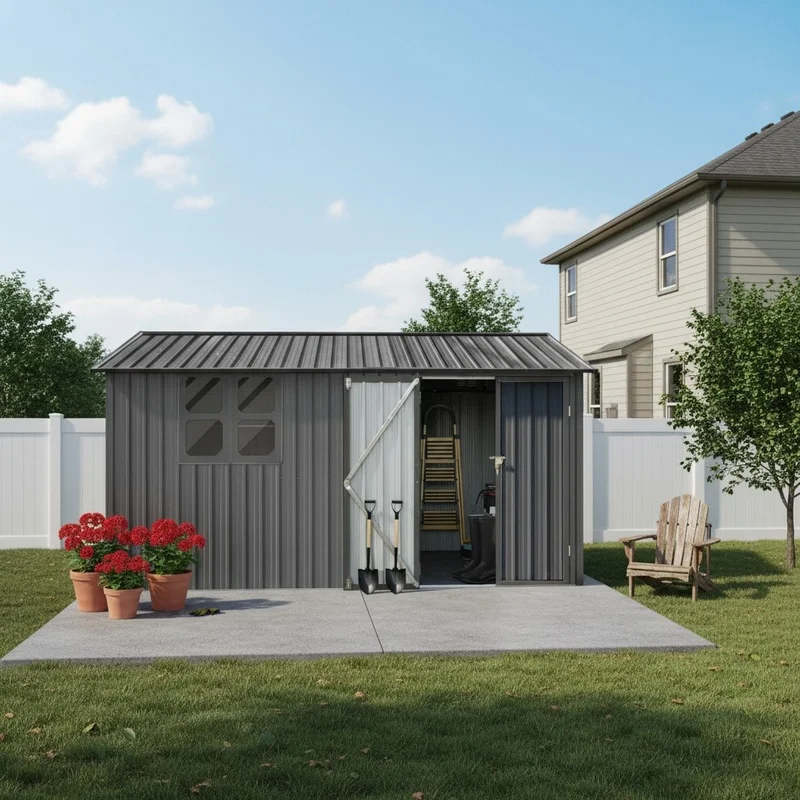 

12x10 ft Grey Metal Garden Shed with Window and Storage Shelves