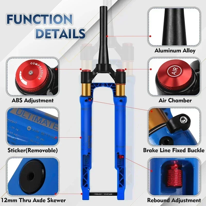 BUCKLOS 700C Bike Air Fork Gravel Road Bicycle Air Suspension Fork 12*100mm Travel 40mm Bike 700C Fork Tapered Tube Bicycle Part