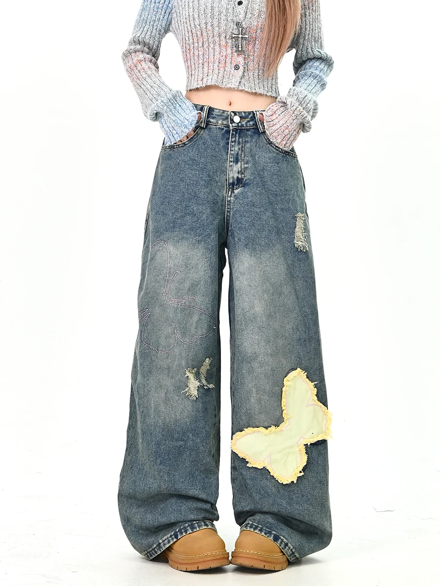 

American Sle Patchwork Hole Denim Pants Women Loose Floor-Length Trousers Casual Wear Spring 2026 New Arrival