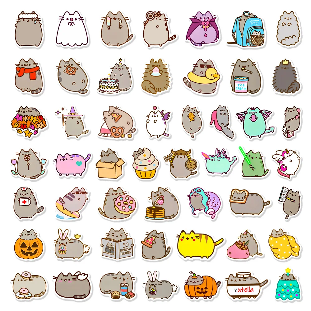 50PCS Pusheen Style Cartoon Cat Stickers Waterproof Graffiti Skateboard Notebook Phone Cute Decoration Decals Toys
