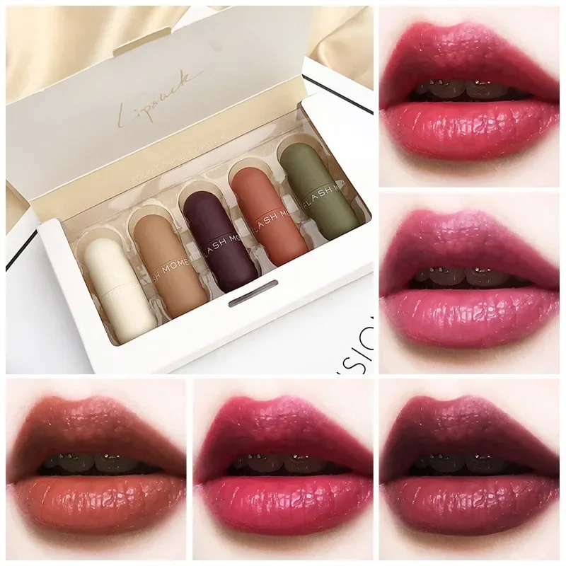 

New Mini 5 Color Capsule Lip Gloss Lipstick Set Waterproof Non-stick Cup Carry Lipgloss Novelty Lips Make Up Lip Stick for Women