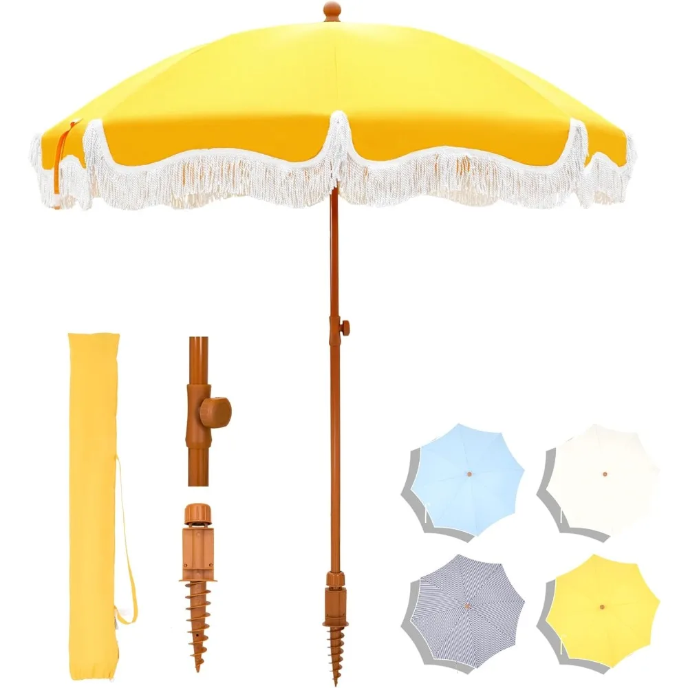 

7ft Patio Beach Umbrella with Fringe, Tassel Umbrellas with Sand Anchor & Tilt Button, Holiday Outdoor Umbrella with Ca
