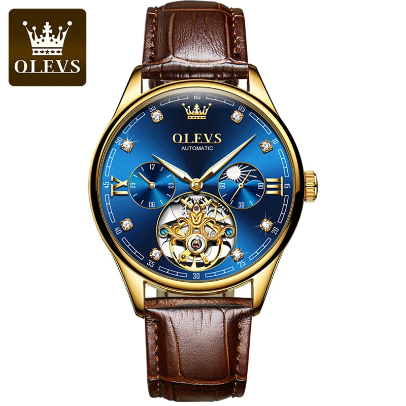 OLEVS Brand Classic Moon Phase Men Watches Automatic Mechanical Watch Men Tourbillon Clock Leather Waterproof Gold Blue Reloj