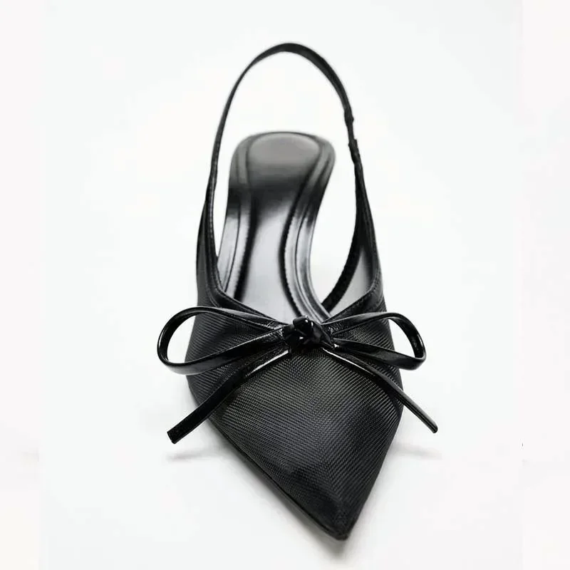 شبكة أشار تو عالية الكعب النساء Bowknot تنفس مثير فستان الحفلات أحذية صيف جديد أسود Slingback مصمم مضخات الصنادل #1