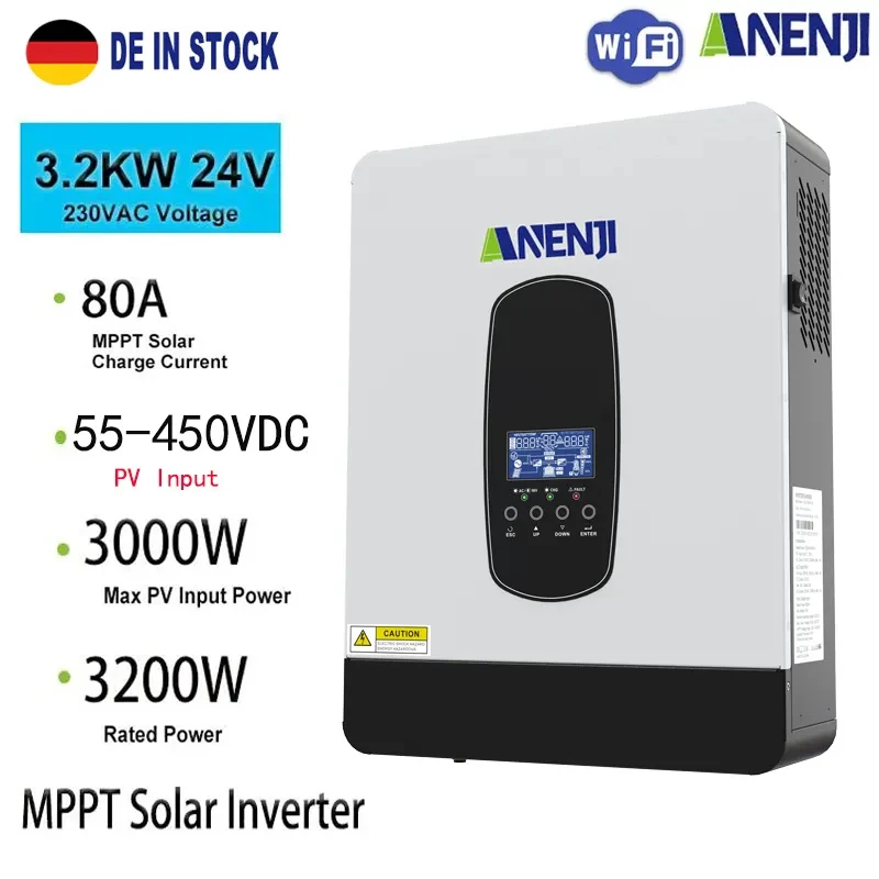 3.2KW Hybrid Solar Inverter 24V 220V Pure Sine Wave Off Grid Photovoltaic Inversor PV 450VDC Built-in 80A MPPT Solar Charger