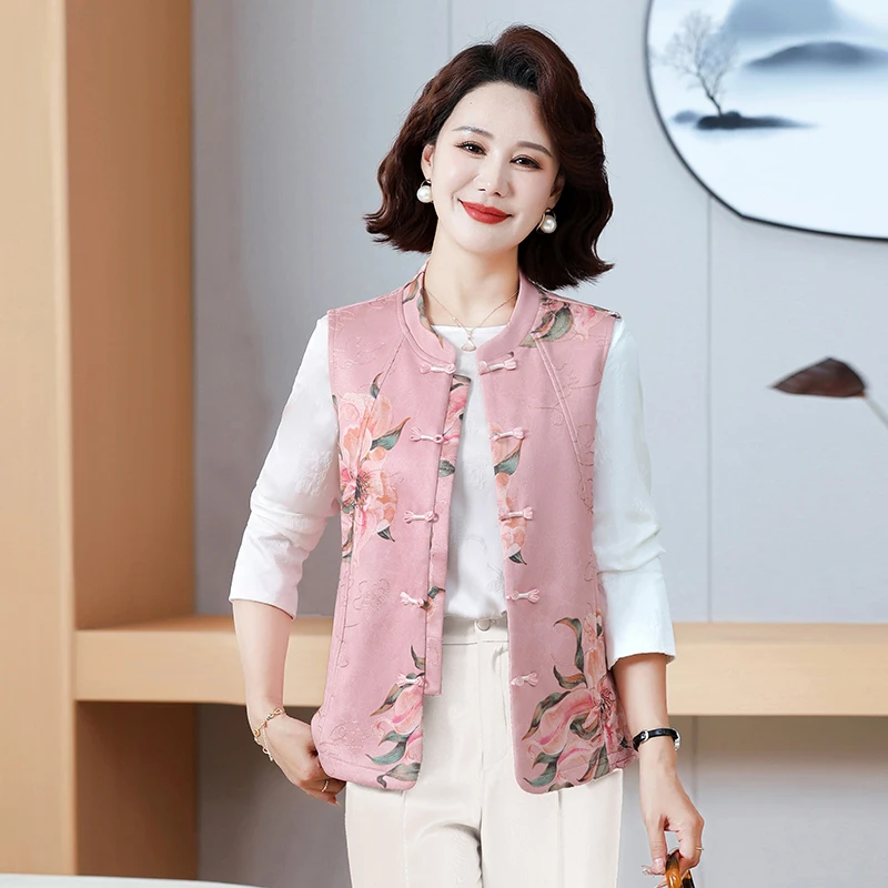 

Весенний модный жилет с принтом и пуговицами в новом китайском стиле для женщин среднего и старшего возраста, дышащий, свободного кроя, из полиэстера