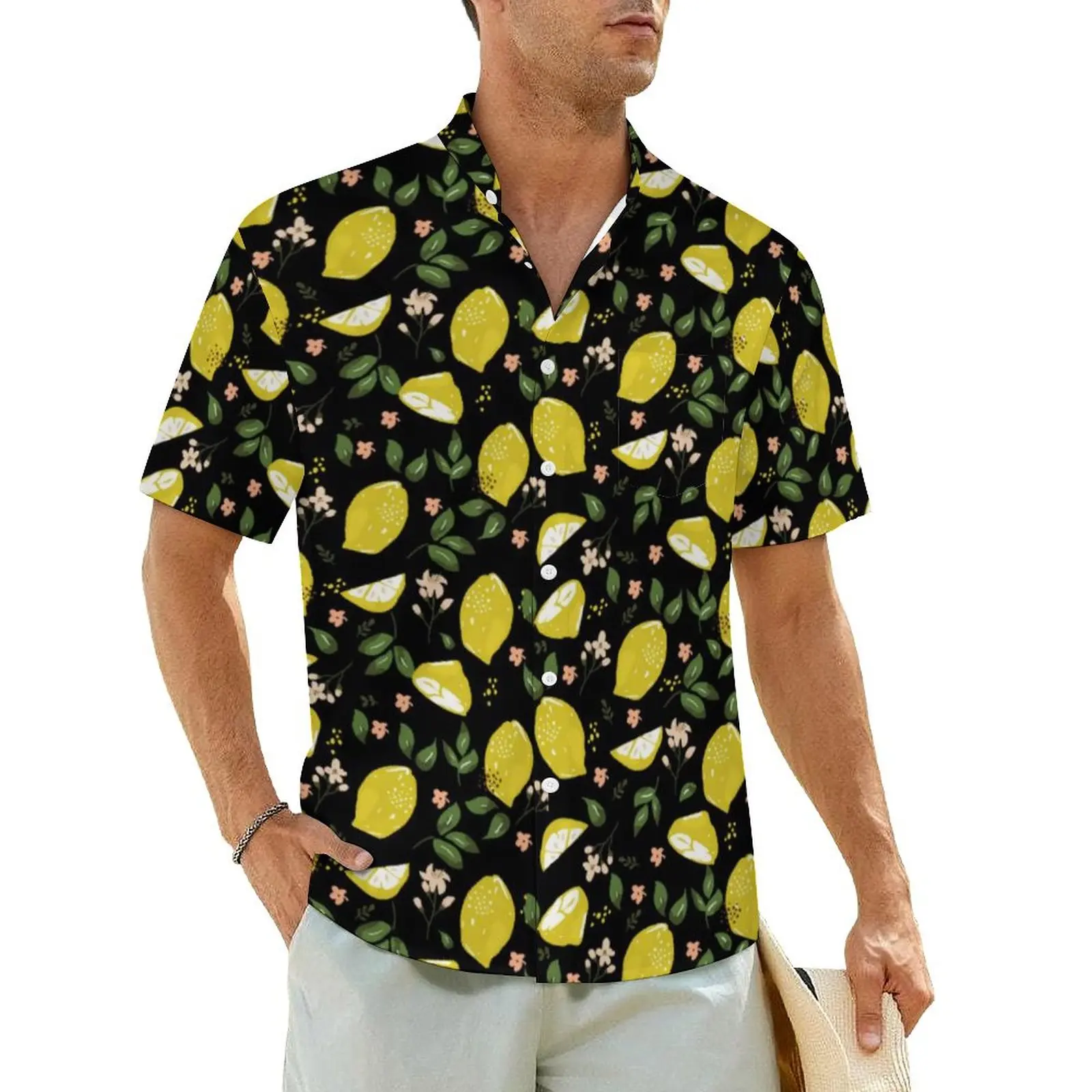 

Yellow Lemon Beach Shirt Bright Fruit Print Summer Casual Shirts Men Classic Blouses Short Sleeves Streetwear Pattern Top