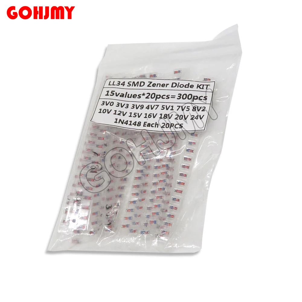 LL34 SMD Zener diode Kit 1/2W 3V-24V and LL4148 15 value*20PCS=300PCS 3V 3.9V 5.1V 8.2V 10V 12V 16V GOHUMY