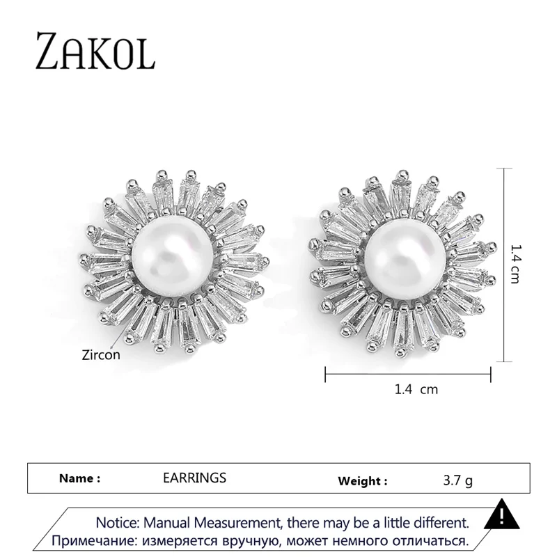 ZAKOL Elegant Imitation Pearl Stud Earrings for Women Wedding Engagement Jewelry Shiny CZ Flower Shape Timeless Female Earring