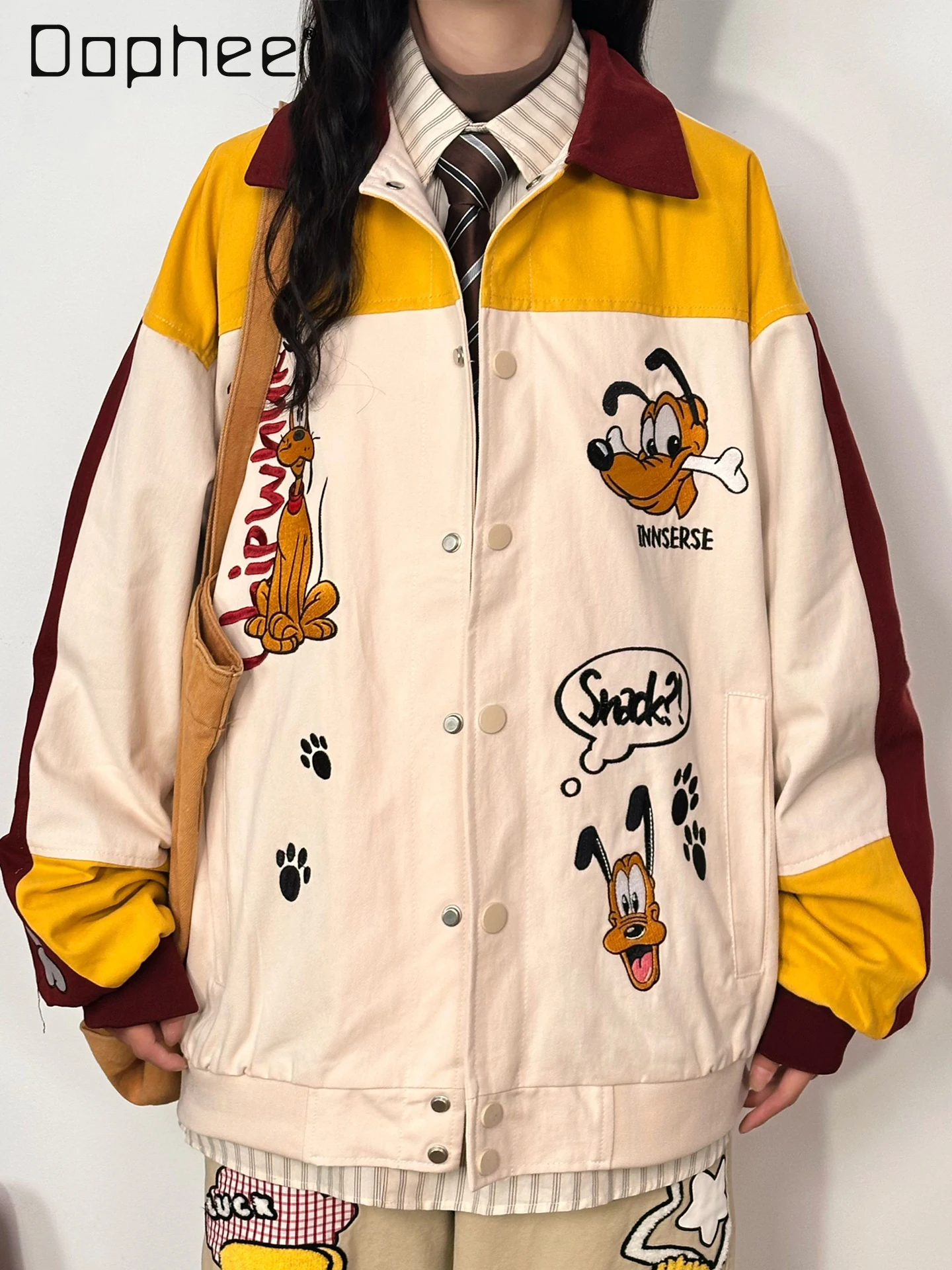 

Vintage Cartoon Fun Embroidered Jacket for Women 2025 New Loose Fit Color Block Patchwork Jacket for Autumn