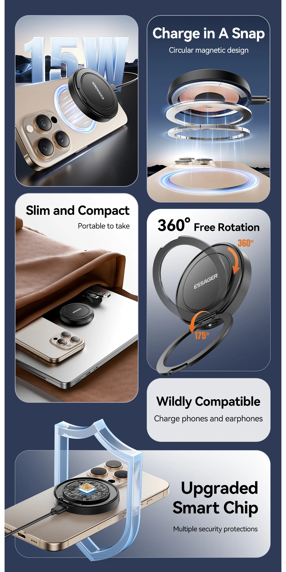 Essager Magnetisches kabelloses Ladegerät 15 W mit Kabel für iPhone 14 13 12 Pro Max Schnelles kabelloses Laden für Samsung Xiaomi-Kopfhörer – Detail 2