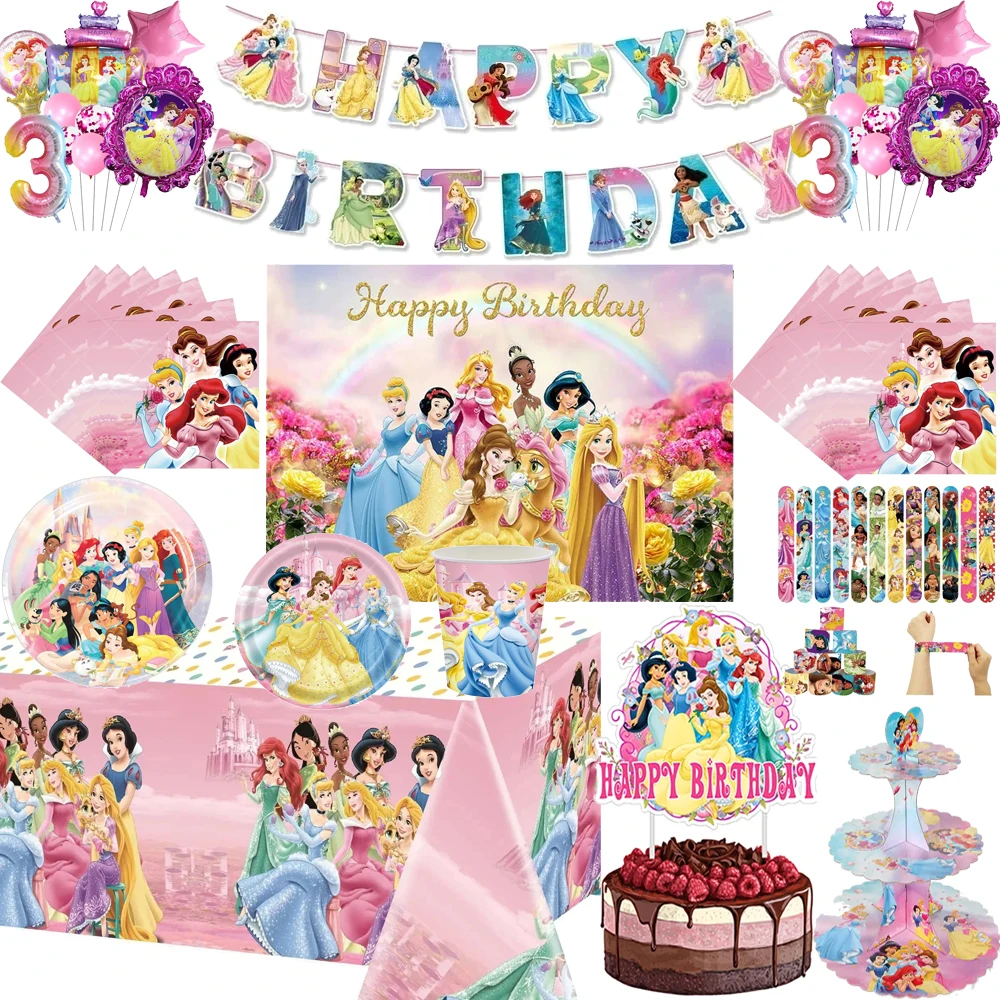 

Disney Princess Happy Girl Child Birthday Theme Party Decoration Set Party Supplies Cup Plate Banner Hat Loot Bag Tablecloth Dec