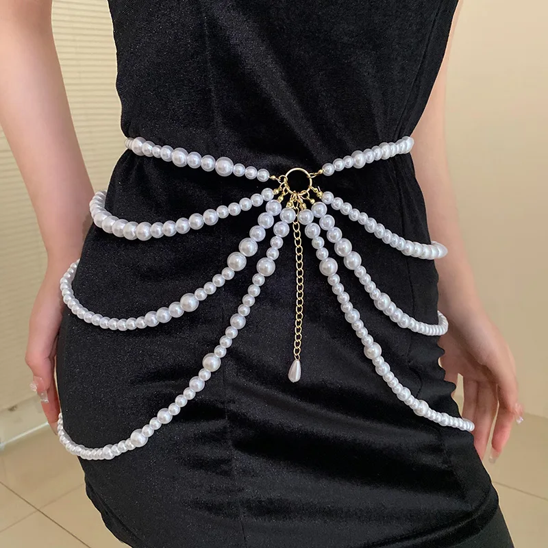 1Pc Multilayer Pearl Waist Chain For Women's Fashion Retro Character Playing Body Accessories Party Jewelry Accessories Gift