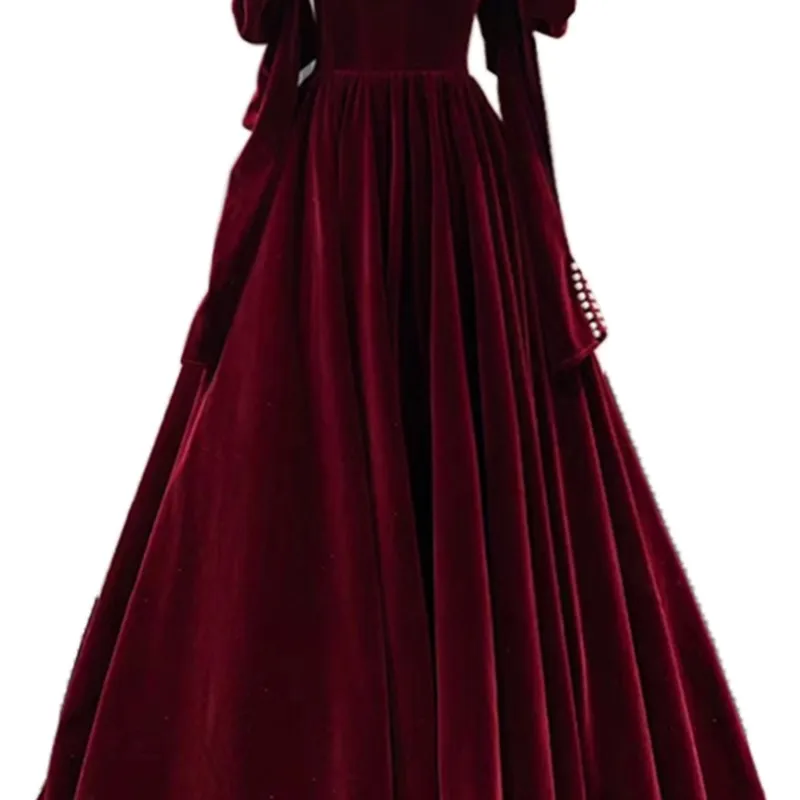 Wine red toasting dress new velvet long sleeve banquet