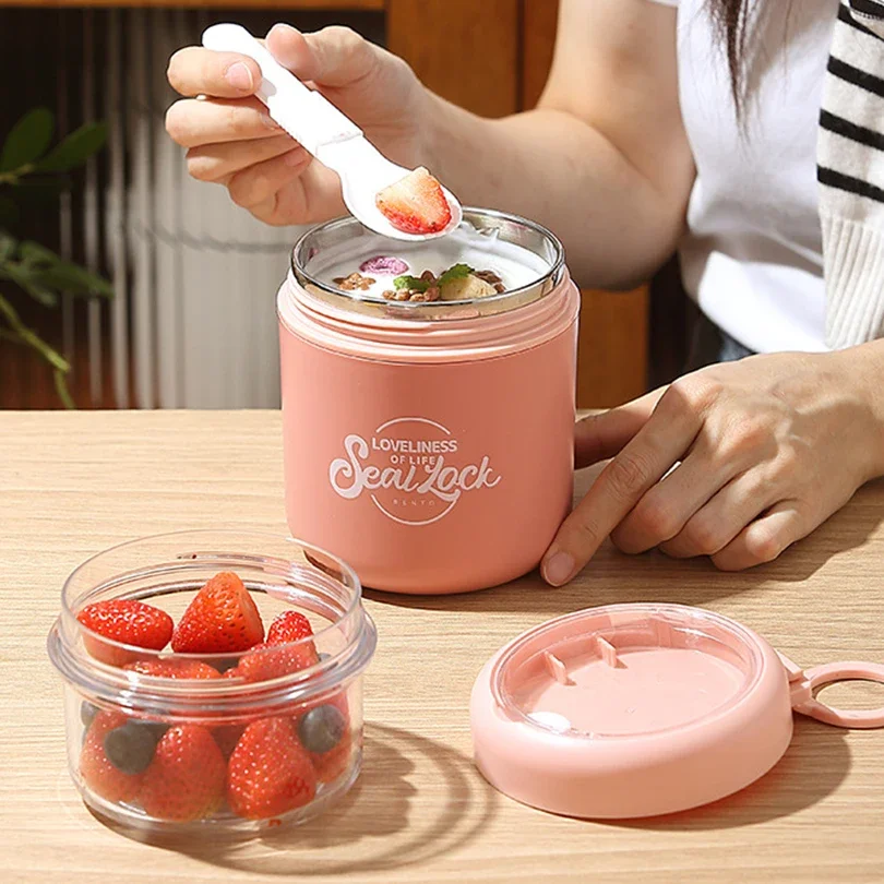 Taza de ensalada de doble capa de acero inoxidable con cuchara, ensaladera de frutas y leche de avena para desayuno, fiambrera portátil para estudiantes trabajadores de oficina