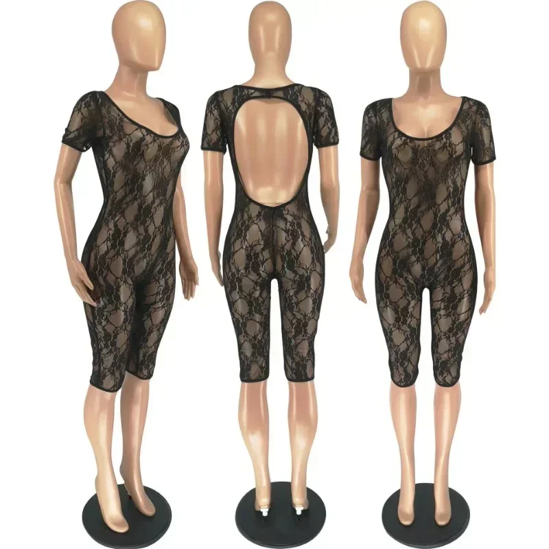 GUWU Sexy Sheer Floral Lace Tutina Donna Pagliaccetti Night Club Abiti Elastico Skinny Backless One Pieces Tuta Bodys Mujer