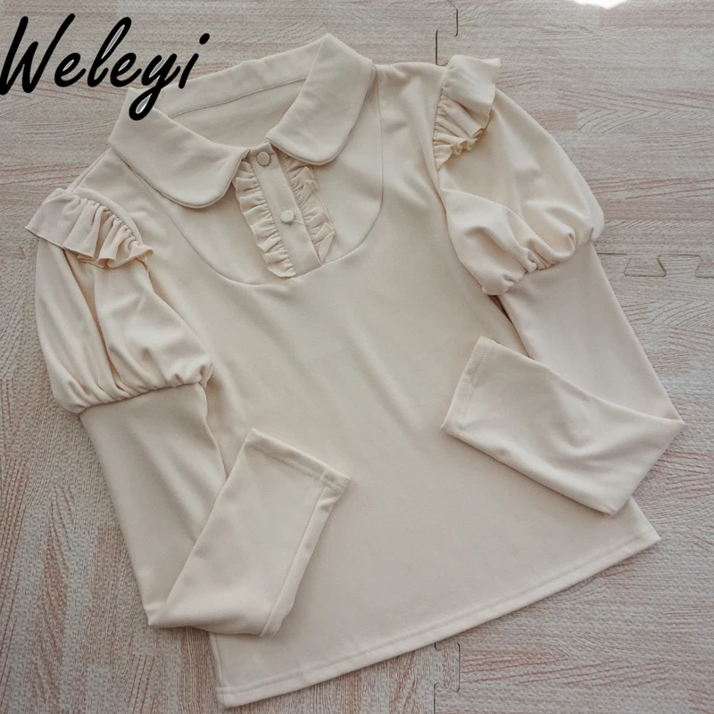 Lolita Sweet Autumn and Winter Bottoming Tops Female Cute Doll Collar Long Sleeve Beige Double-sided Velvet Inner Shirts Student