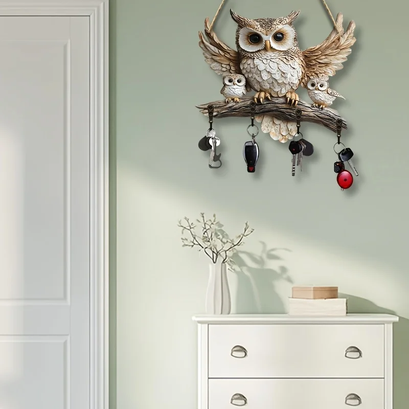 Practical Owl-Themed Wooden Key Holder 1 Piece 2D Flat Multi-Functional Wall Display Stand Creative Storage Porch Decor Gift view 3