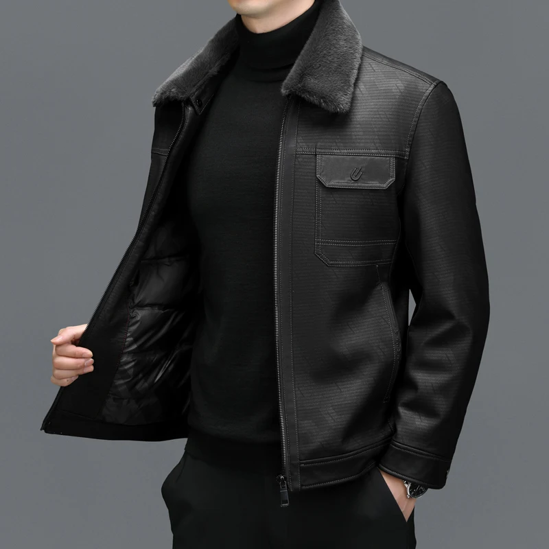 ZDT-8051 Men's Genuine Leather Down Coat Winter Genuine Leather Coat Sheepskin Jacket Lapel Thickened Casual Coat