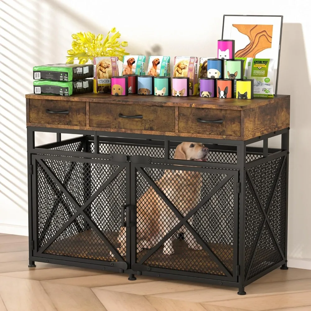 Dog Crate Furniture,  with 3 Fabric Drawers and Storage, Dog Crate Side End Table for Entryway