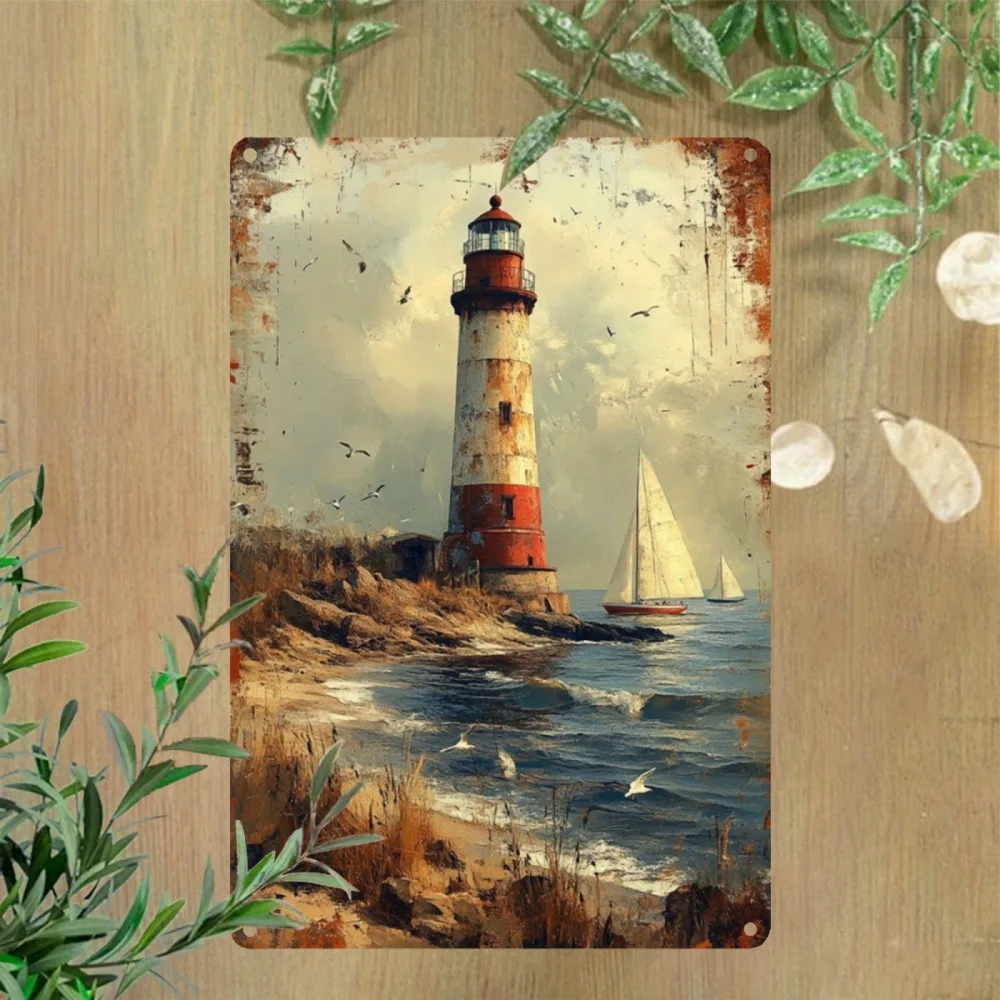 Vintage Lighthouse Iron Metal Tin Sign 8x12inch Rustic Coastal Wall Decor Plaque for Farmhouse Beach Bar Garden