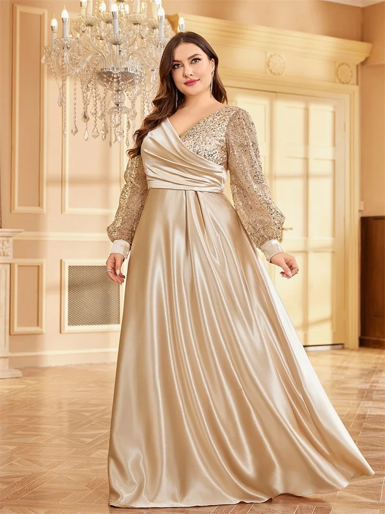 XUIBOL Plus Size Luxury Gold Sequin V-Neck Evening Dress Women Long Sleeve Satin Wedding Party Prom Floor Length Cocktail Dress