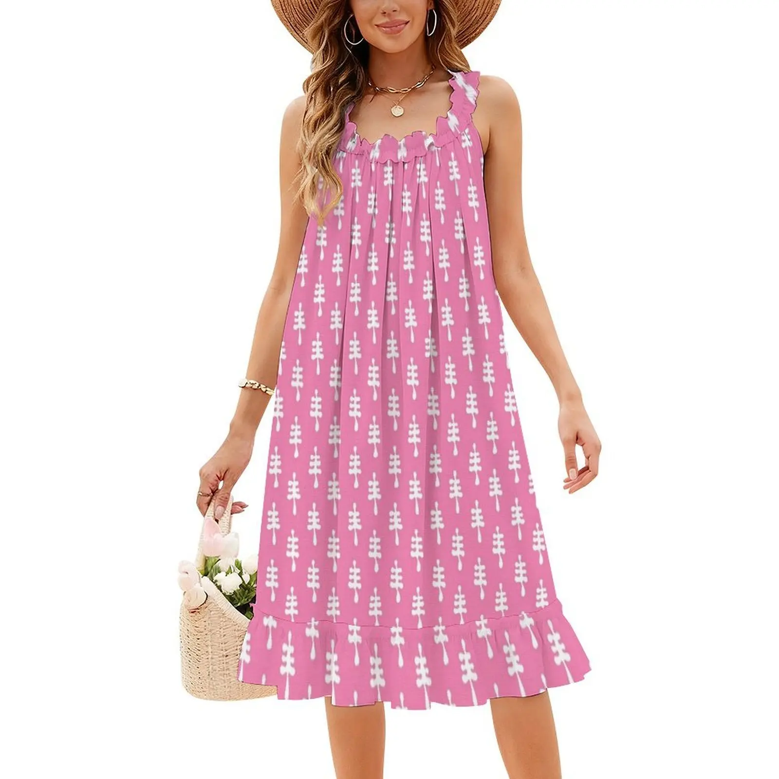 فستان وردي بسيط بتصميم تجريدي على شكل قلب وخط عنق على شكل قلب فستان أنيق للحفلات الصيفية للنساء بنمط فني أروبي وردي