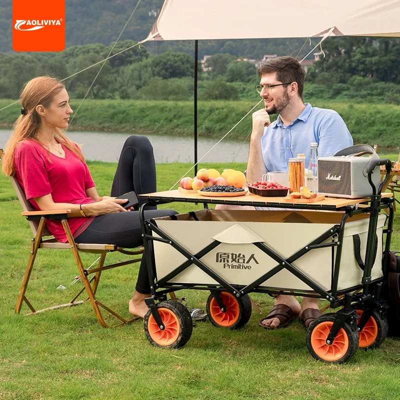 

Aoliviya Outdoor Camping Cart Foldable Four-Wheel Trolley Picnic Car Camp Trailer Table Board Trolley