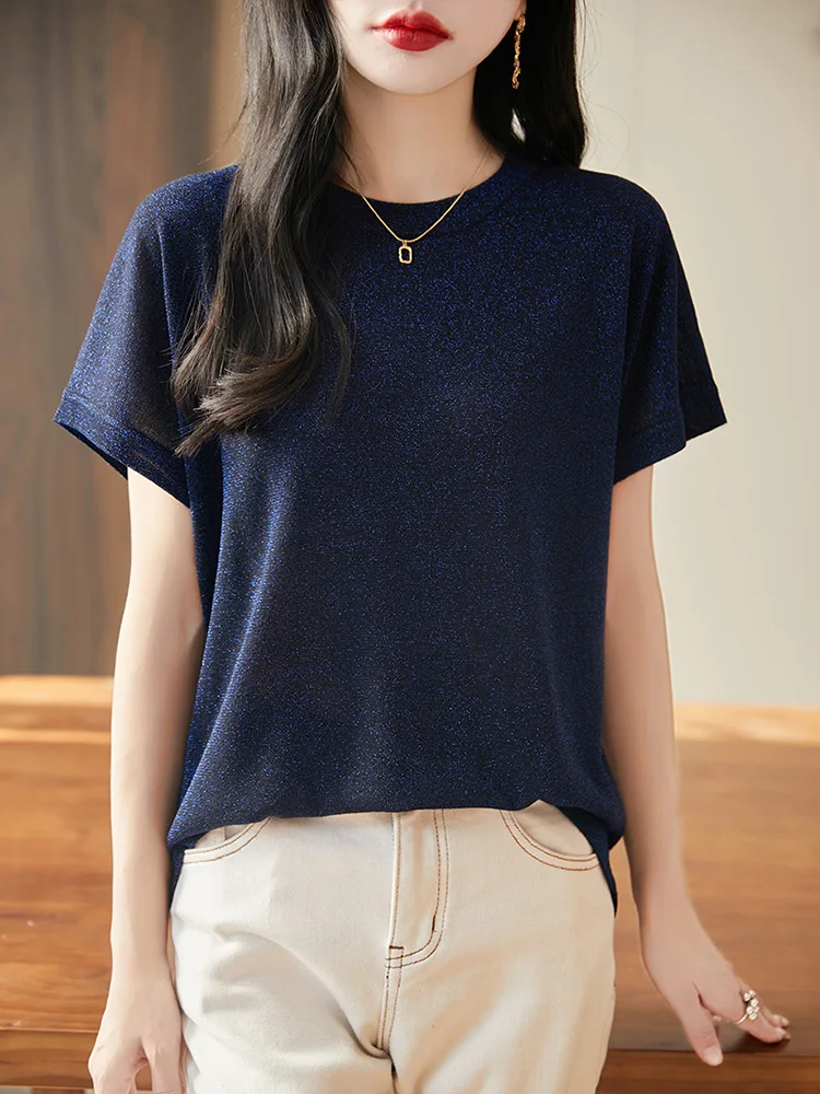 Injet camiseta de malha de seda gelo feminina verão novo redondo ne leve respirável faionable ort sve corte reto
