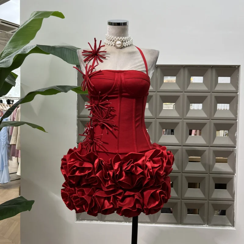 

Hot-Selling Bandage Fishbone Corset Slim Fit Tube Top Heavy Craft Split Set Handmade Flower Ultra-Short Skirt Trendy