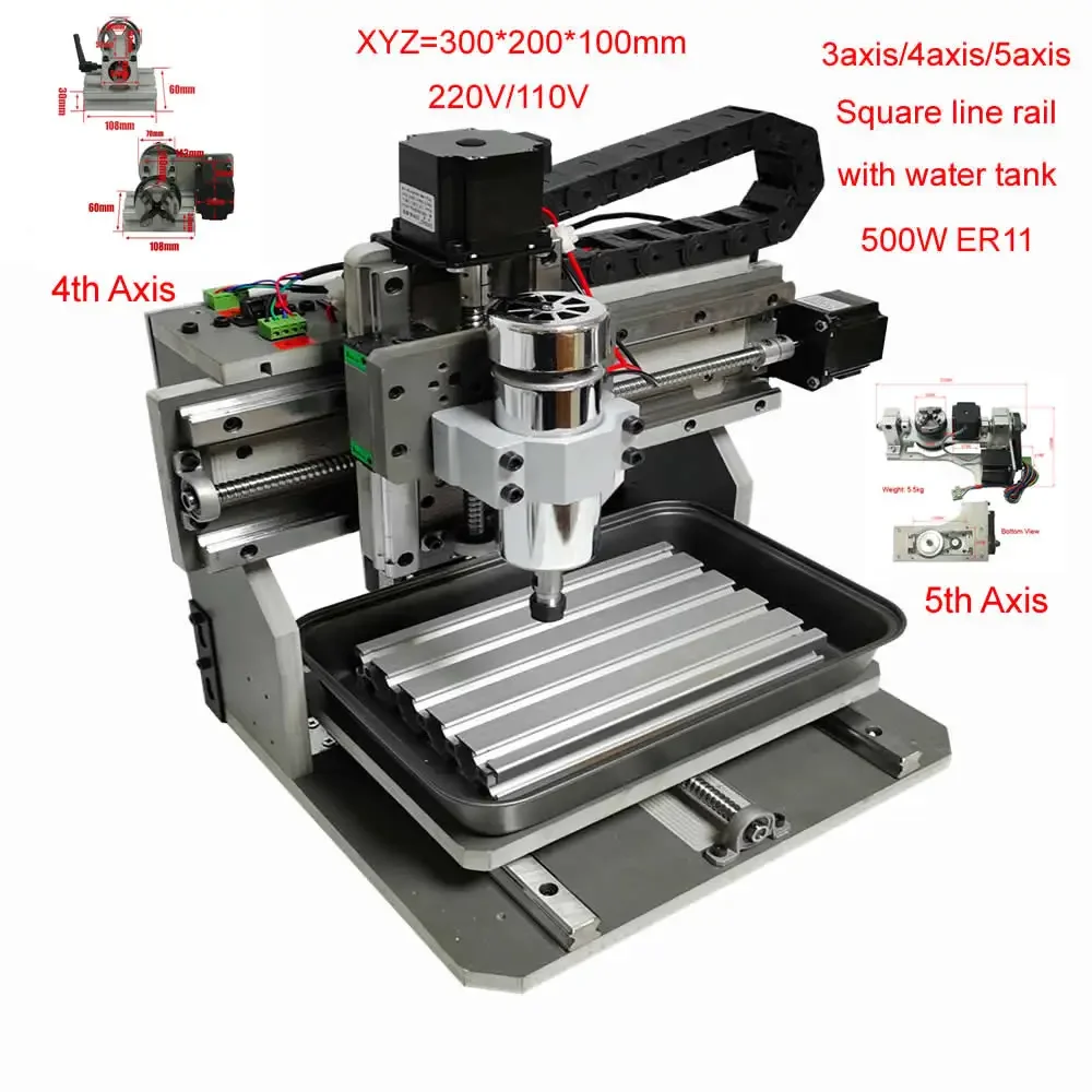 Mini CNC Router 3020 DIY Metal Engraving Wood Router 4 Axis 5 Axis Woodworking Lathe 500W USB Port Square Line Rail With Sink