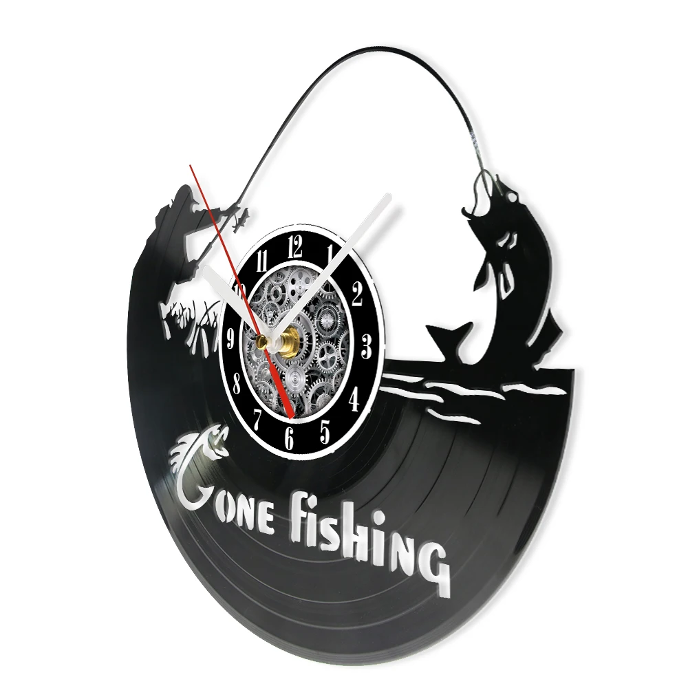 Gone Fishing Music Album Longplay Vinyl Record Wall Clock For Man Cave Cabin Farmhouse Home Decor Artwork Clock Fisherman Gift