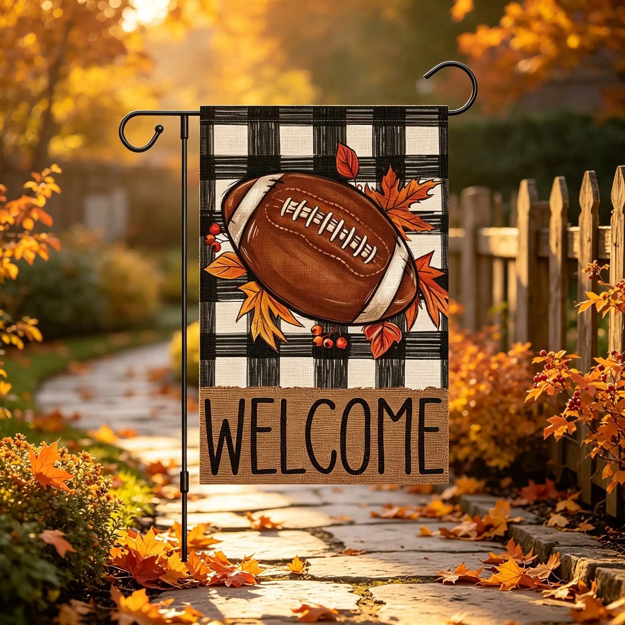 Welcome Fall Football Garden Flag,12x18 Inch Double Sided Buffalo Plaid,Small Burlap Autumn Yard Sign Outside,Fall Decor For Outside,Outdoor House Decoration,Garden Decor Outdoor,Gardening,Garden Decor Outdoor,Outdoor Decor For Patio