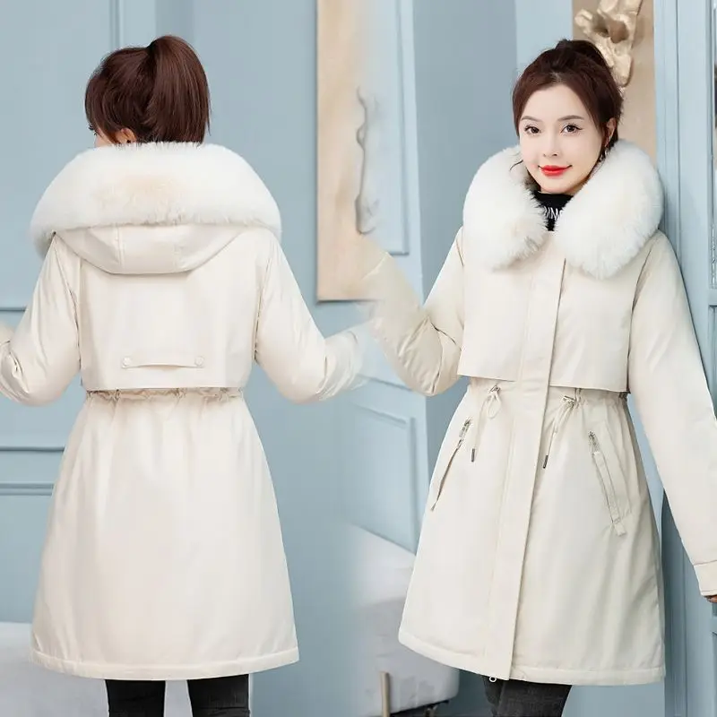 Women 2023 Wool Collar Cotton Coat Pai Overcomes Mid Length Cotton Coat Korean Version Slim Fit and Slim Thick Coat