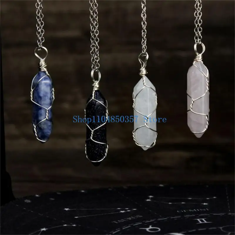 652F Healing Crystal Pendant Necklaces Pointed Stone Charm Necklace for Women Girls