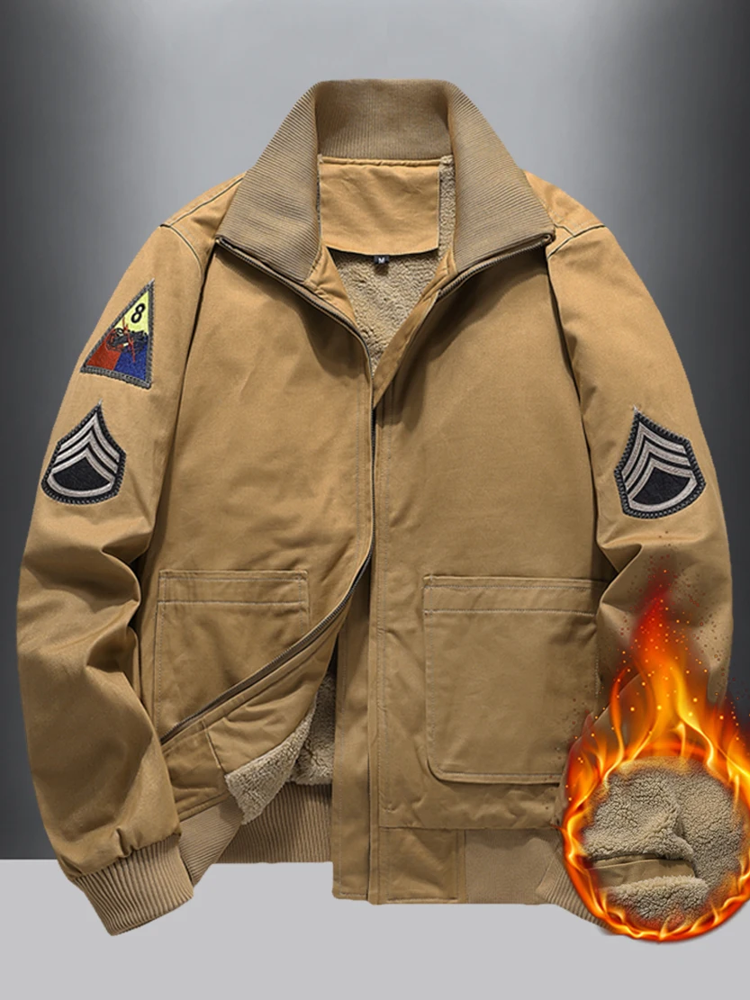 

Мужская куртка в стиле ретро-пилот с вышивкой, на флисовой подкладке, с воротником-стойкой, из хлопка, модная брендовая верхняя одежда, городской повседневный стиль