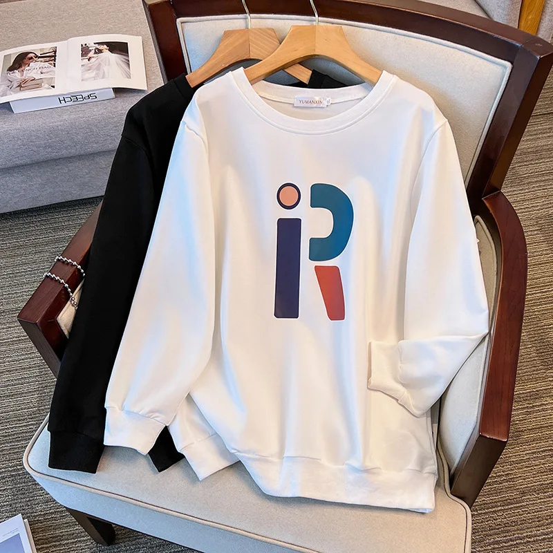 

175Kg Plus Size Women's Bust 170 Autumn Loose Long Sleeved Round Neck Printed Sweatshirt Black White 4XL 5XL 6XL 7XL 8XL 9XL
