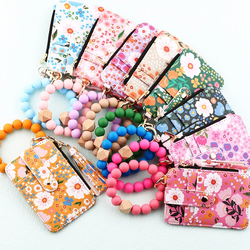 Silicone Bead Pu Leather Key Chain Wristlet Id Credit Card Holder Keychain Wallet For Women Pink Flower Print Wallet