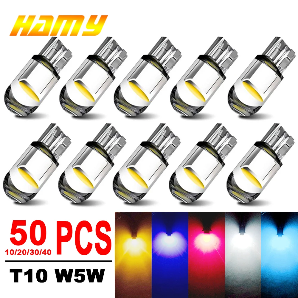 10/50 PCS Car LED COB Bulb T10 W5W Signal Light 12V 7500K White Auto Interior Dome Reading License Plate Lamps Wedge Side Bulbs