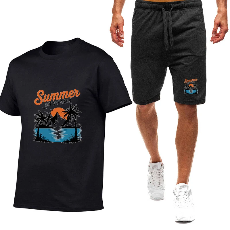 

2026 Summer Set Off Again Print Summer Men's New Nine-color Short-sleeved Set Casual T-shirt + Sweatpant Two-piece Suit