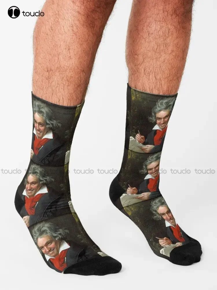 Calcetines sonrientes de Ludwig Van Beethoven, arte famoso, compositor de música, Meme, calcetines con bandera americana, calcetines para monopatín callejero, regalo personalizado, divertido