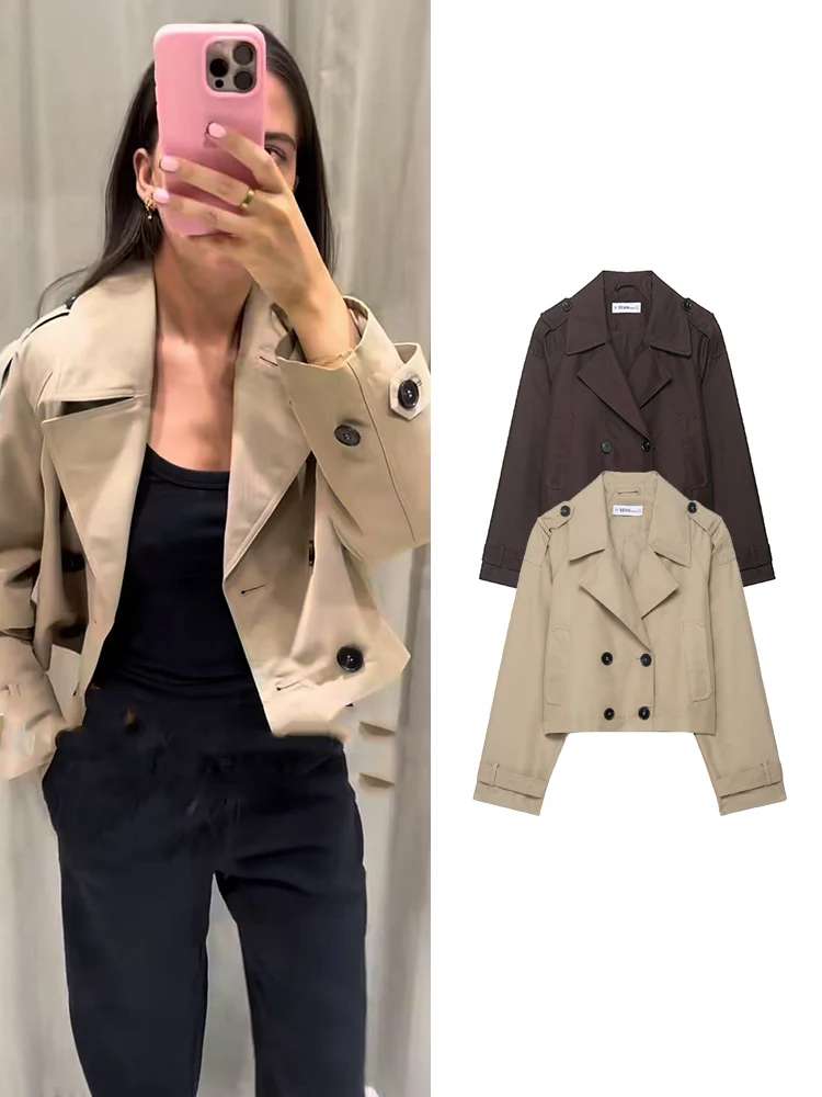 

TFMLN New Autumn Women Trench Coat Solid Double Breasted Short Windbreaker Jacket Female Casual Loose Tops Lady Outerwear