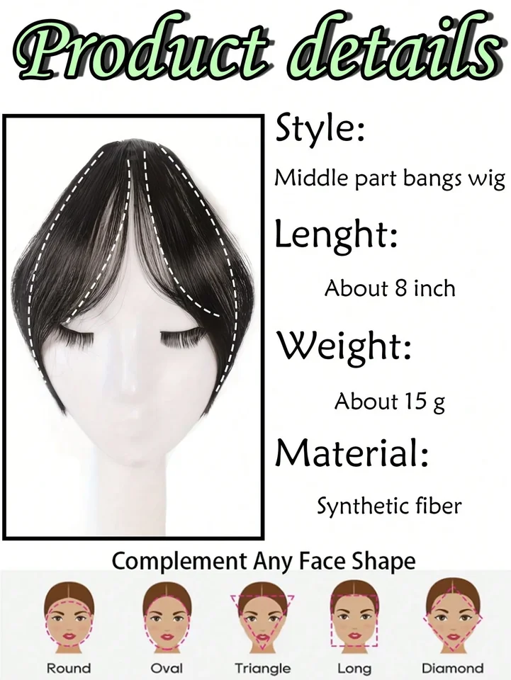 Peluca sintética con flequillo de medio lado, extensiones de cabello con clip, flequillo francés sin costuras, flequillo de ocho caracteres 3