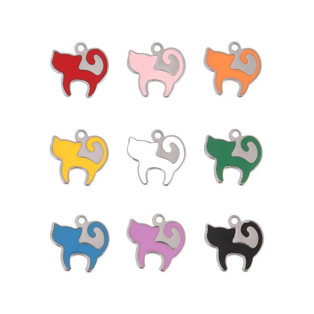 20pcs/Lot 14x12mm No fade Stainless Steel Cute Enamel Cat Pendants For Necklaces DIY Earrings Charms Jewelry Making Findings