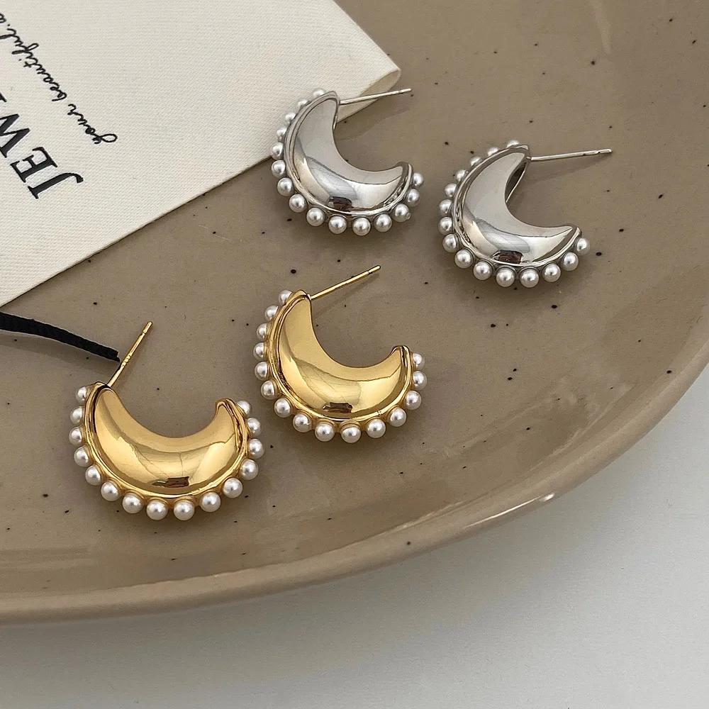 

Fashion Imitation Pearl C Shaped Moon Earrings for Women 925 Silver Needle Cashew Dangle Earring Earings Party Jewelry Accessory