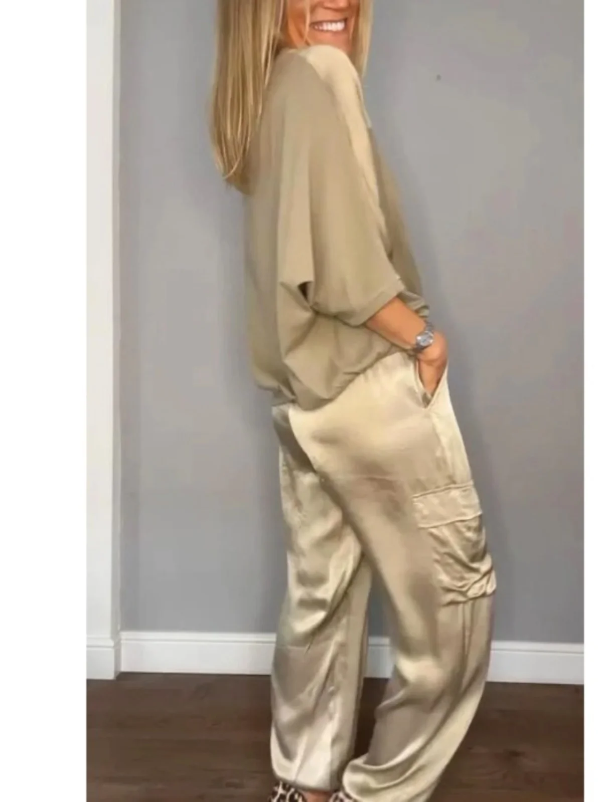 Spring Summer  Color Block Smooth Satin Half Sleeve Loose Long Pants Casual Sport Two Piece Set round Neck Short Sleeve image 4