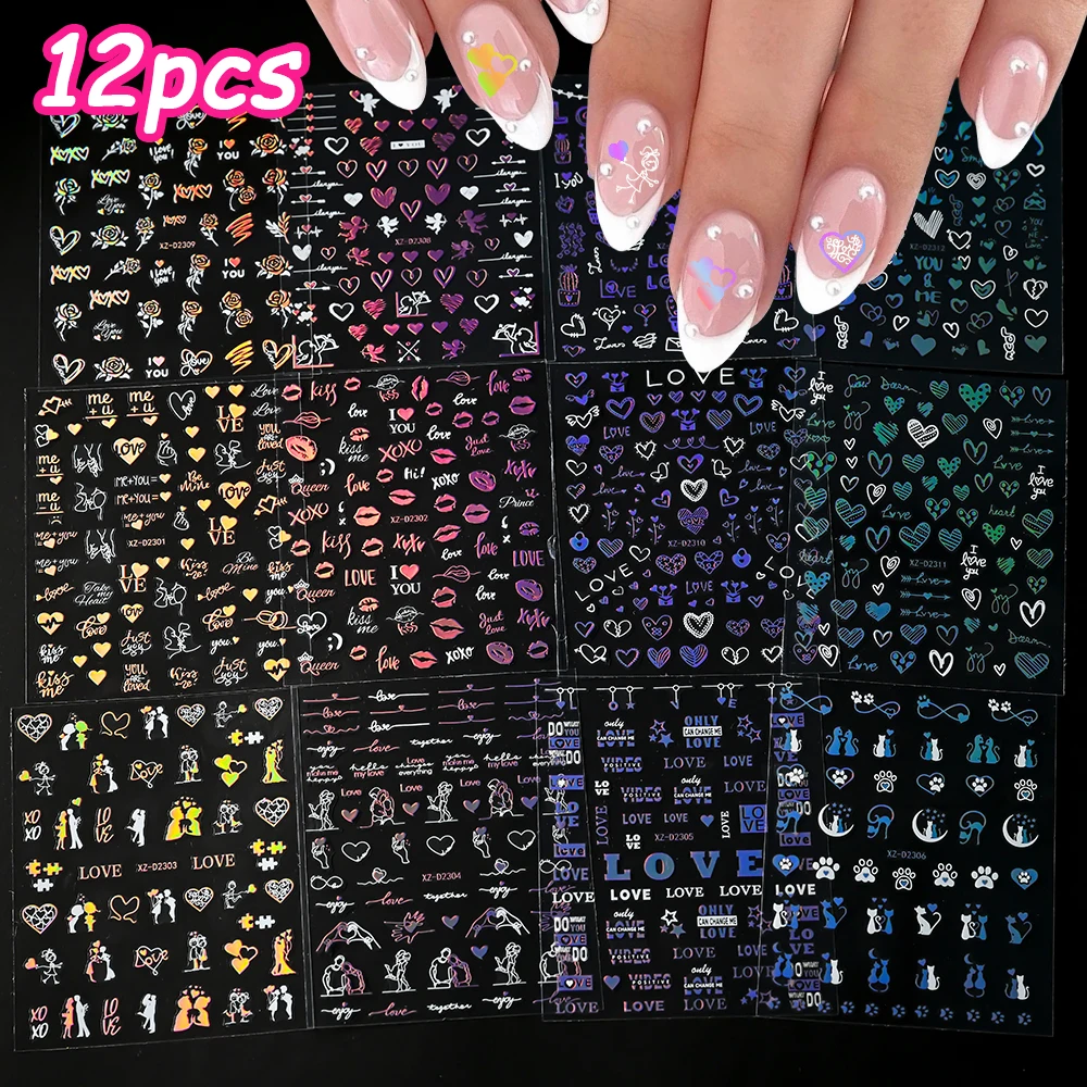 

12pcs 3D Colorful Laser Valentine Nail Art Stickers 3D Rose Flowers Love Heart Valentine's Day Decals Adhesive DIY Nail Supplies