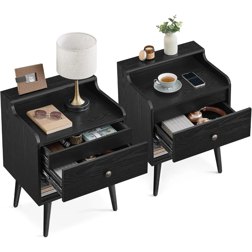 Nightstands, Set of 2, Bedside Tables with Hidden Drawers, Mid-Century End Side Tables with Solid Wood Legs, for Bedroom, Ebony