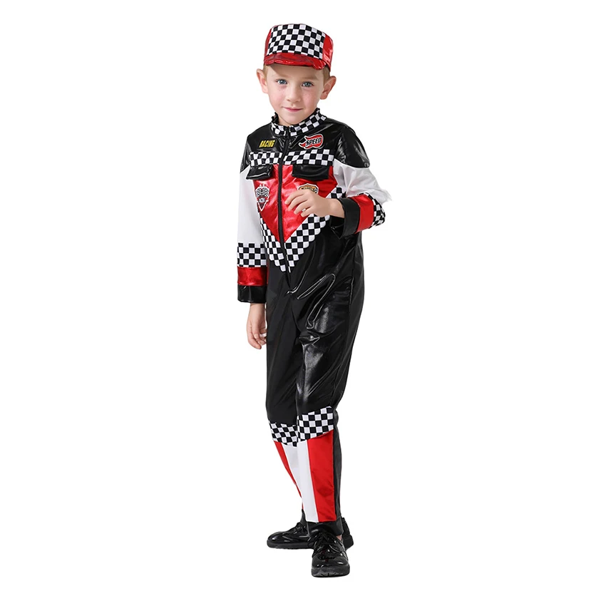 Professional Racing Driver Jumpsuit Cosplay Anime Halloween Costume for Kid Zentai Party Dress Carnival Masquerade Model Boy Cap